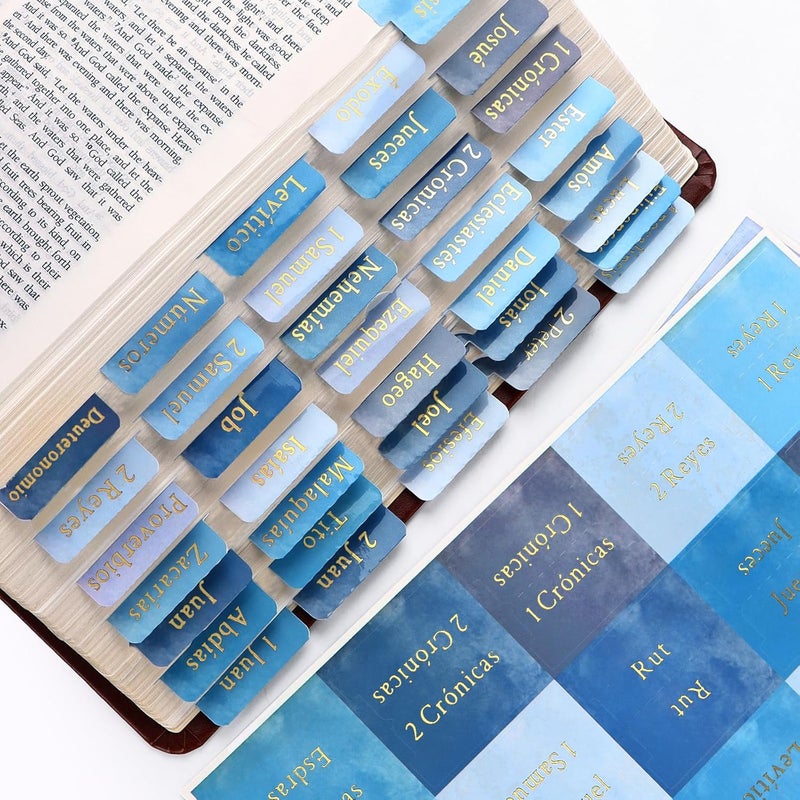 DOMMARE 90 Pieces Spanish Blue Bible Tabs for Men Boys, Pestañas para Biblia En Español, Laminated Large Print Bible Bookmarks, Waterproof Index Tabs Study Supplies, Baptism Christian Gifts for Women Girls - Image 1
